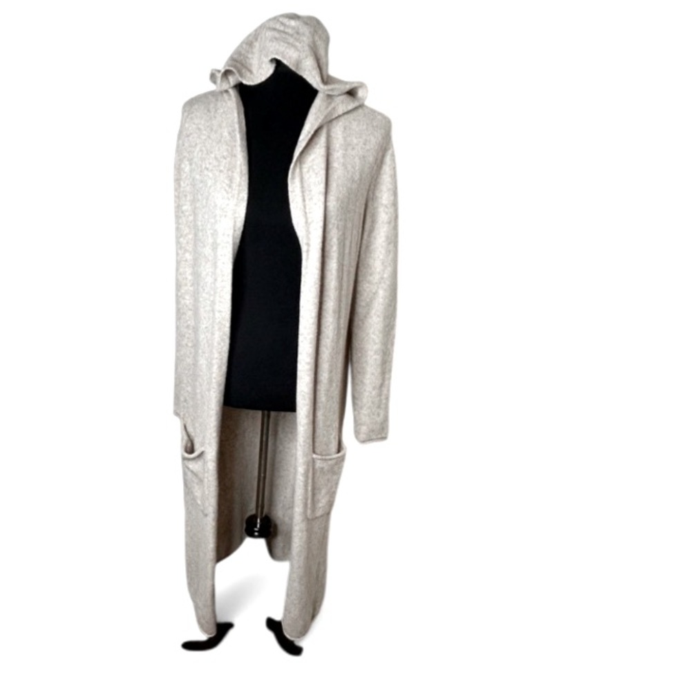 London Kaye Cardigan Sweater oatmeal color SZ S Long Open Front Hoodie Pockets